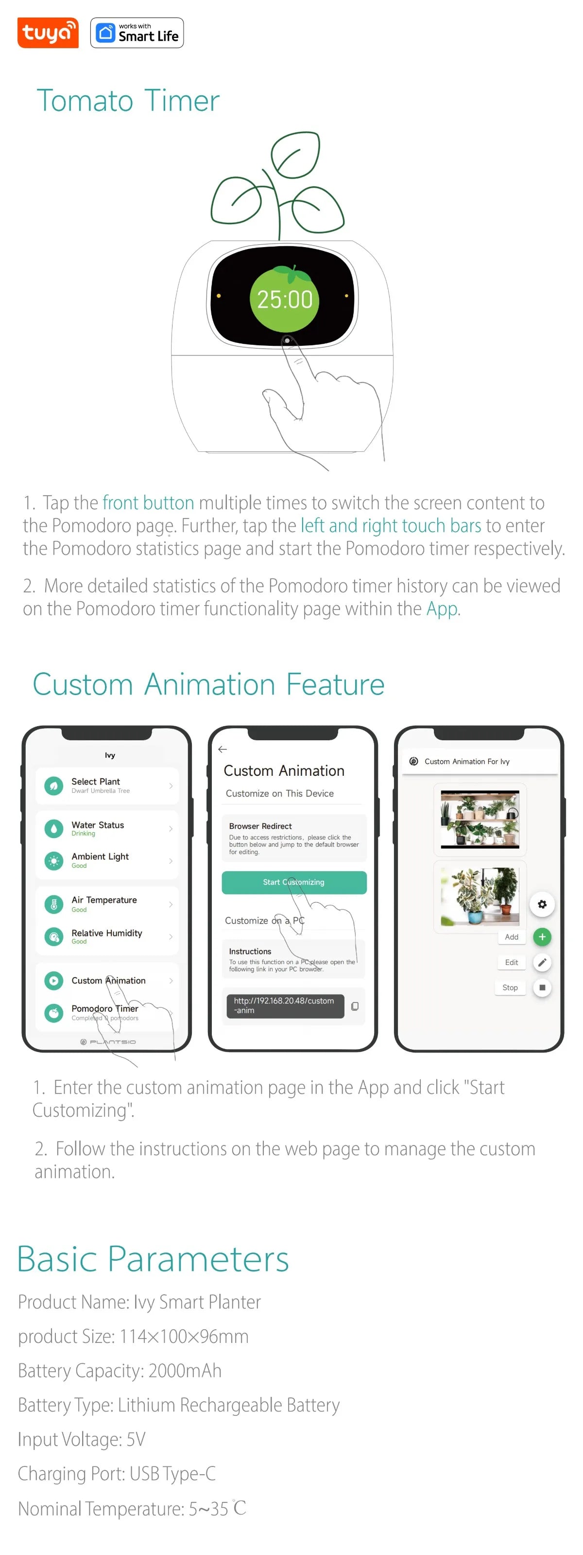Tuya Ivy Smart Planter, 49 Expressions,7 sensors, Make Raising Plants Easy & Fun