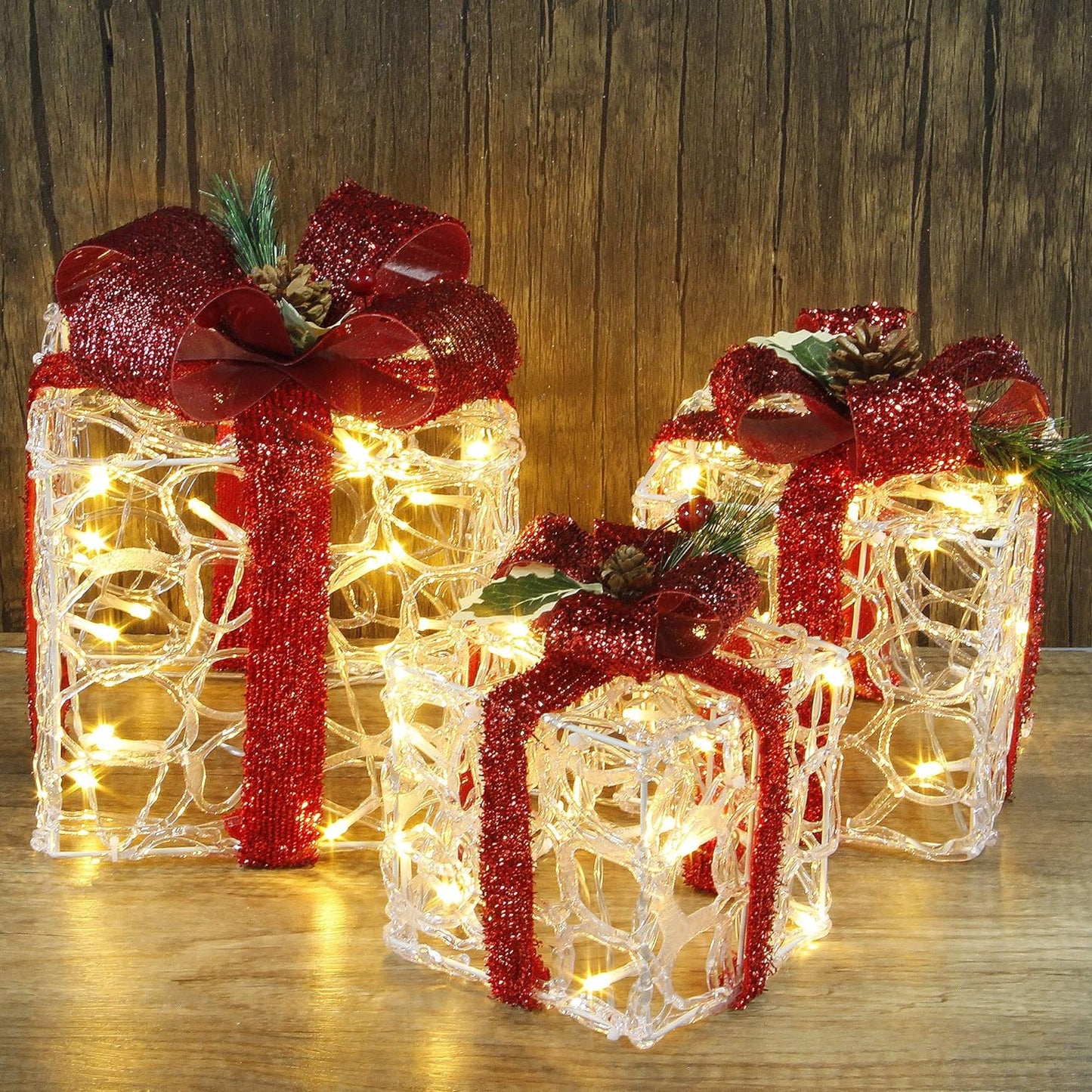 Set of 3 Lighted Gift Boxes Christmas Decorations, Clear Acrylic Pre-Lit Present Boxes, Christmas Home Gift Box Decorations