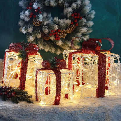 Set of 3 Lighted Gift Boxes Christmas Decorations, Clear Acrylic Pre-Lit Present Boxes, Christmas Home Gift Box Decorations