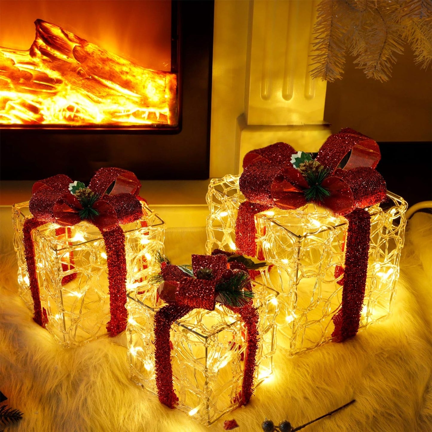 Set of 3 Lighted Gift Boxes Christmas Decorations, Clear Acrylic Pre-Lit Present Boxes, Christmas Home Gift Box Decorations