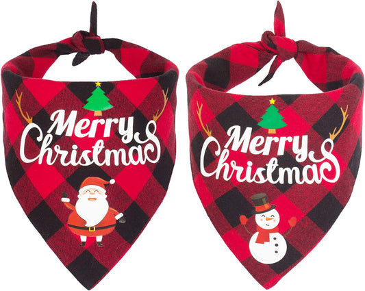 2 Pack Dog Bandana Christmas Classic Plaid Pet Scarf Triangle Bibs Kerchief Merry Christmas Santa Snowman Print Pet Bandana for Medium Large Dogs Pets (Red&Red, Large)