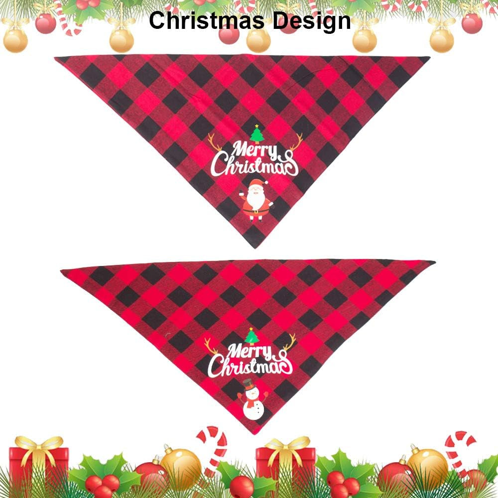 2 Pack Dog Bandana Christmas Classic Plaid Pet Scarf Triangle Bibs Kerchief Merry Christmas Santa Snowman Print Pet Bandana for Medium Large Dogs Pets (Red&Red, Large)