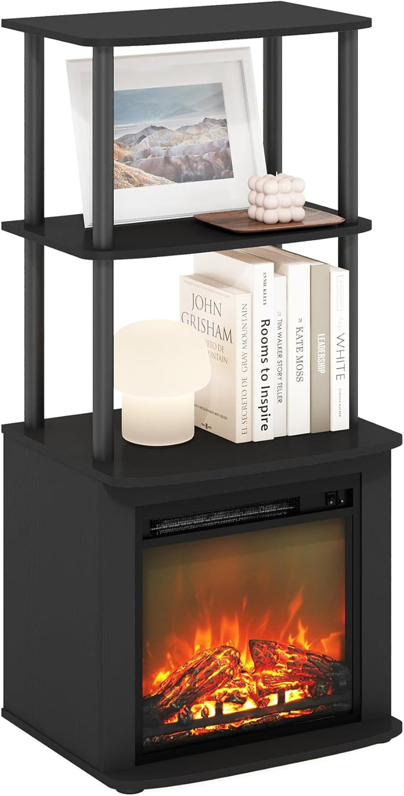 Turn-N-Tube 2-Tier Tall TV Entertainment Side Table Display Rack with Fireplace Insert, Americano/Black