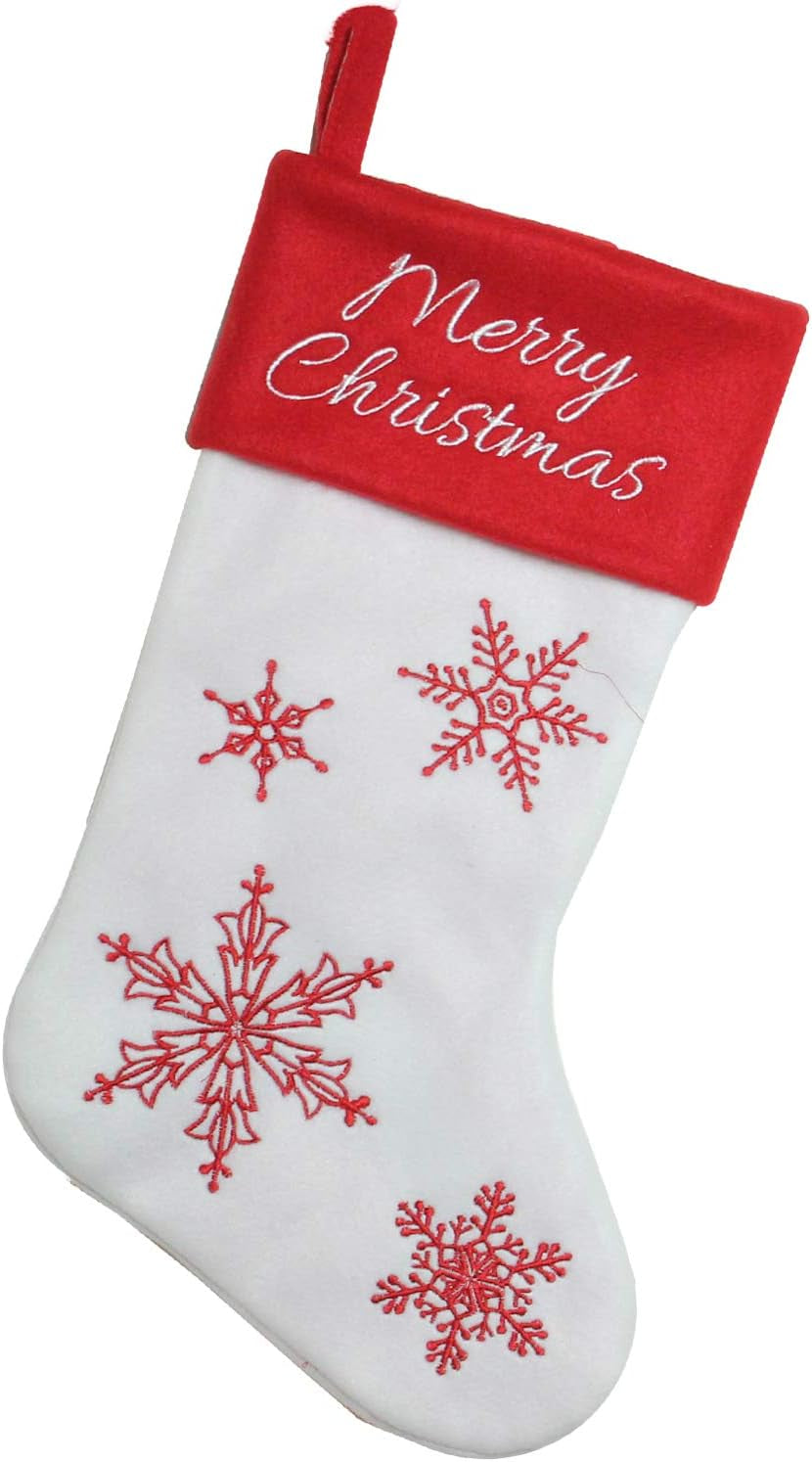 Merry Snowflake Embroidered Christmas Stocking, 18", White/Red