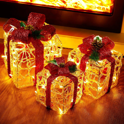 Set of 3 Lighted Gift Boxes Christmas Decorations, Clear Acrylic Pre-Lit Present Boxes, Christmas Home Gift Box Decorations