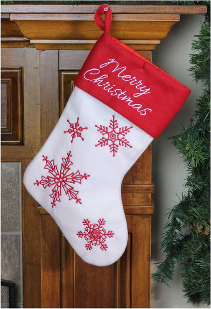 Merry Snowflake Embroidered Christmas Stocking, 18", White/Red