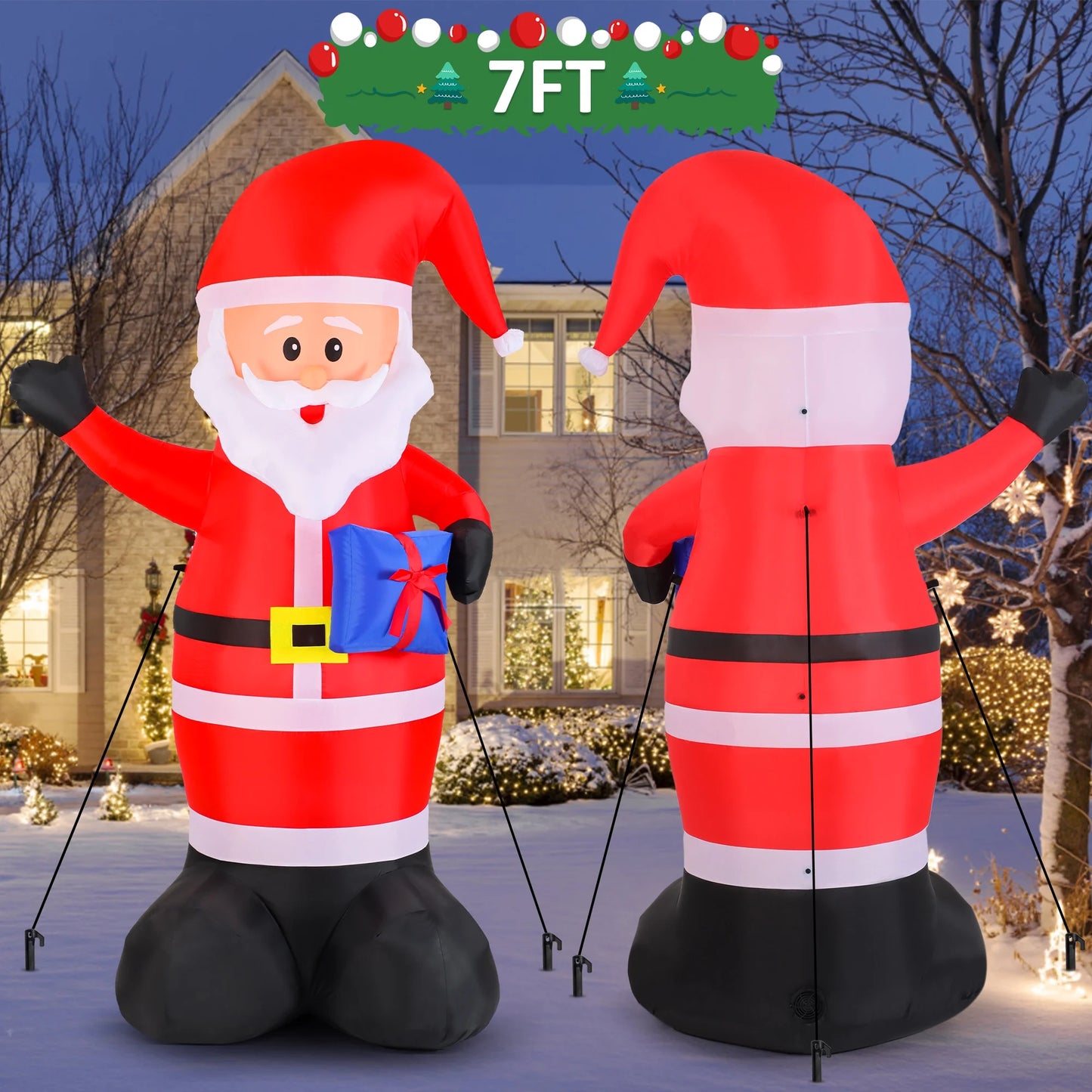 7FT Christmas Inflatable Santa Claus Outdoor Decorations- Blow up Santa Claus with Gift Bag Built-In Leds Lighted Decor for Yard Garden Lawn Porch Xmas Holiday Party