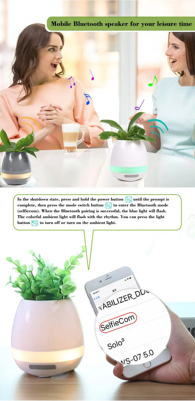 Smart Piano Plant Pots with Bluetooth Speakers Finger Touch, and LED Night Light