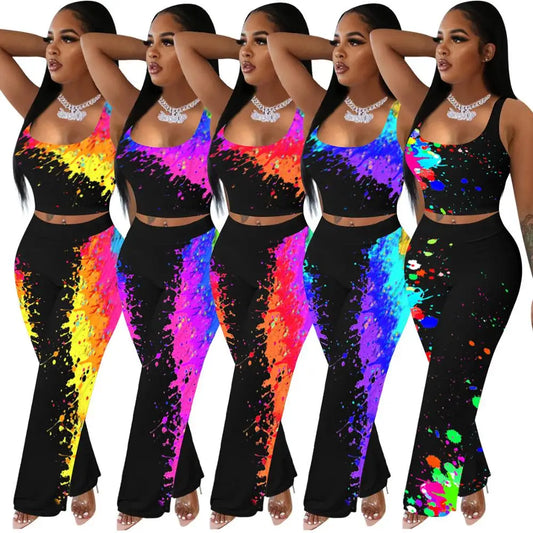 Sexy Graffiti Print Women Set Backless Tank Tops Long Flare Trousers Jogger Pants Suit Outfit Street Party 2 Piece Set Tracksuit