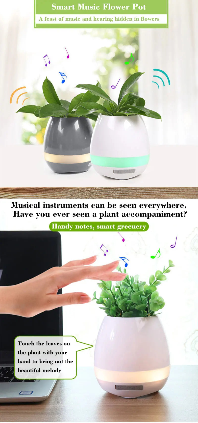 Smart Piano Plant Pots with Bluetooth Speakers Finger Touch, and LED Night Light