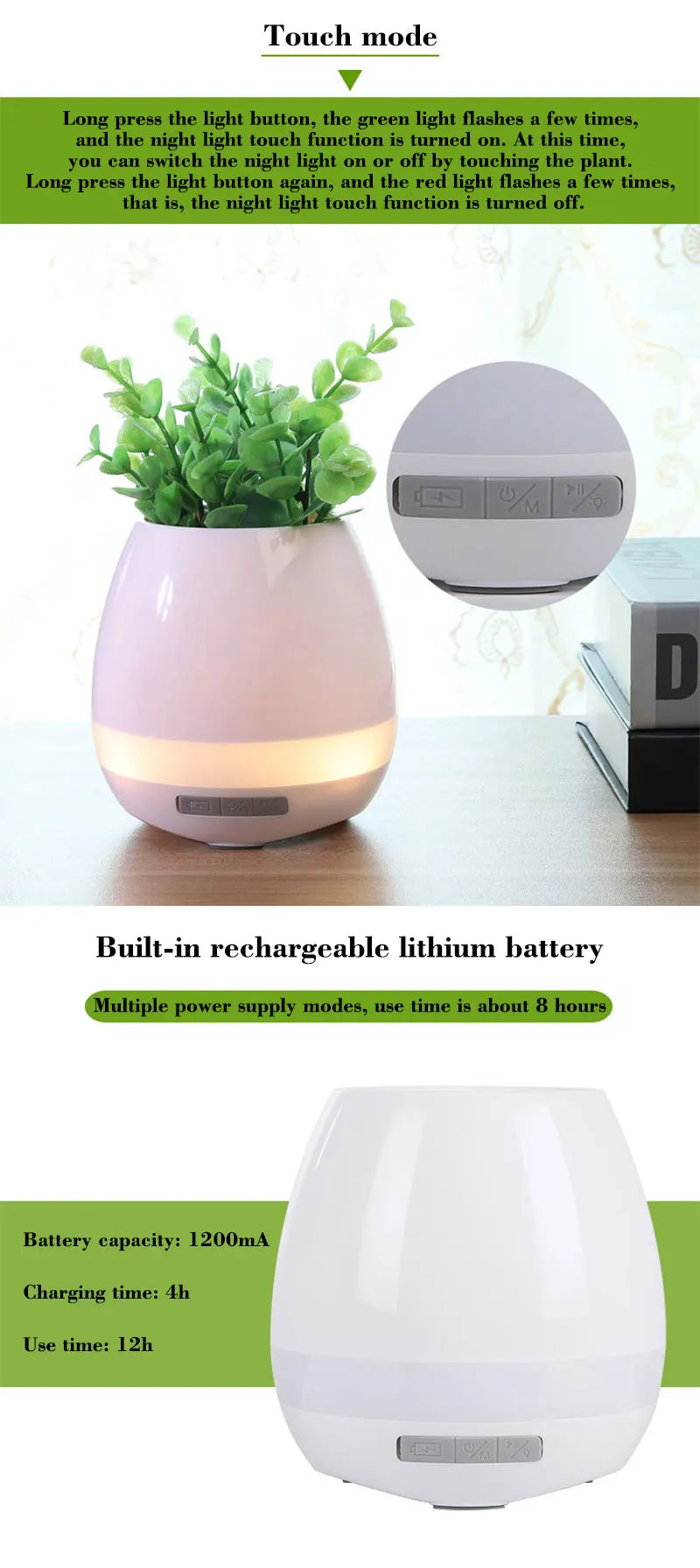 Smart Piano Plant Pots with Bluetooth Speakers Finger Touch, and LED Night Light