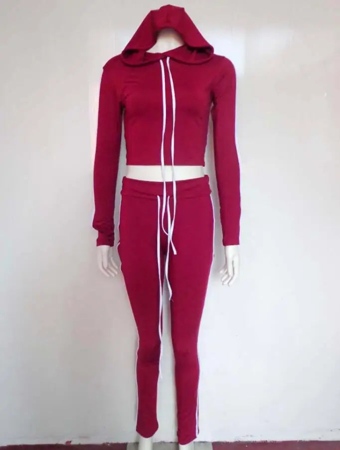 NEW Fitness Casual 2 Piece Set Tracksuit Women Side Striped Hoodies Cropped Tops and Pants Jogger Two Piece Outfits