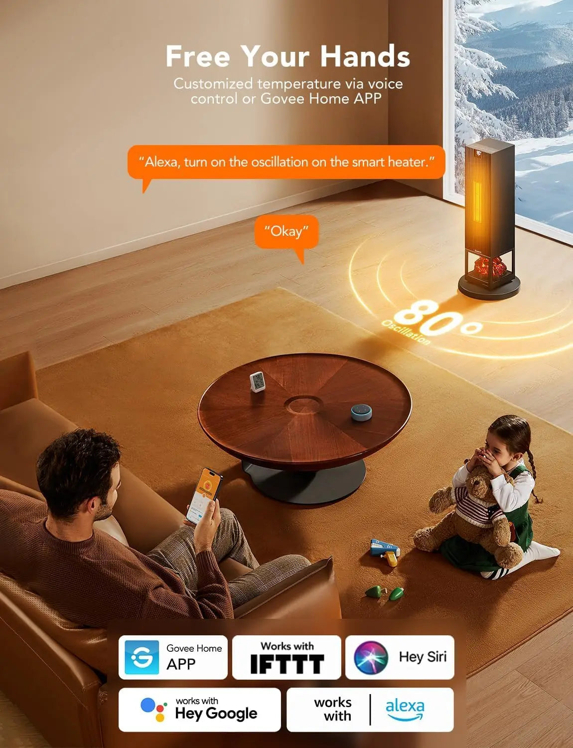 Smart Space Heater Max for Indoor Use, 80°Oscillation, Night Light, 1500W Fast Heating with Thermostat, 24H Timer