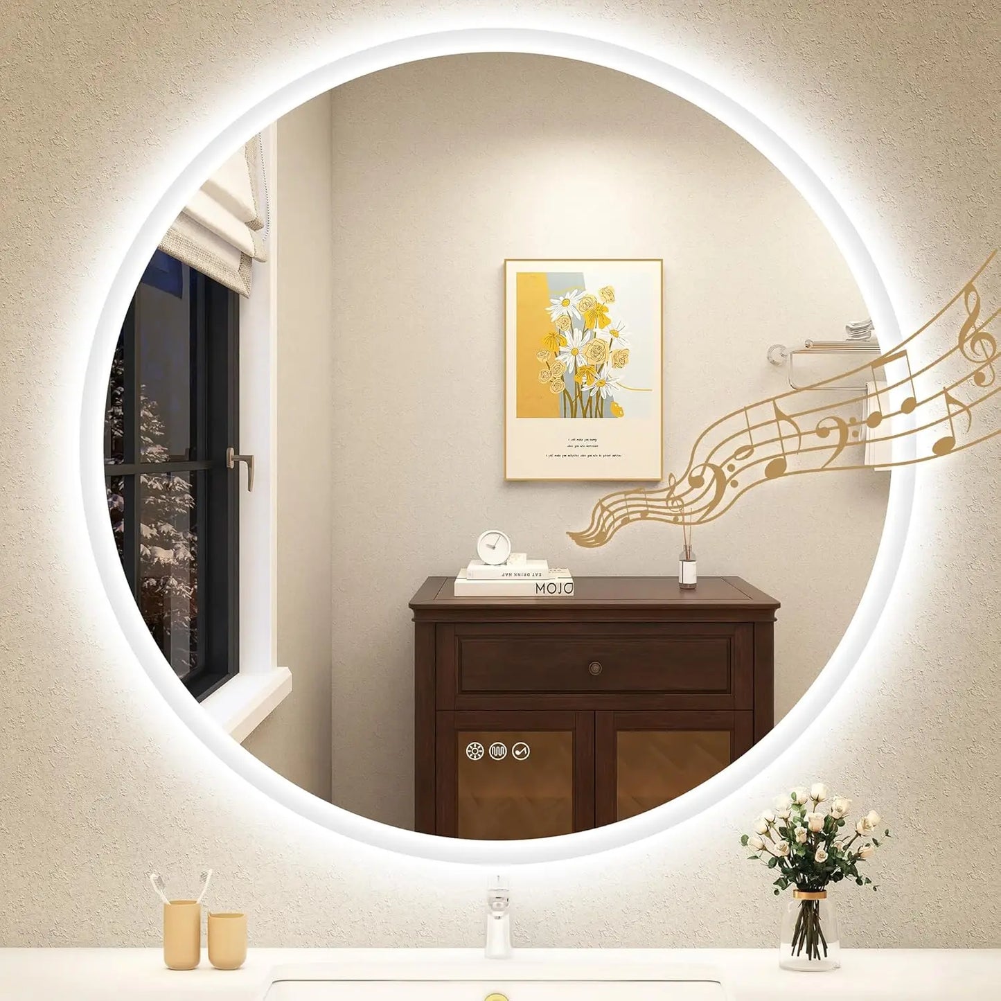 LED-Bathroom-Mirror Wall-Mounted with Bluetooth Speaker, 3 Color Waterproof