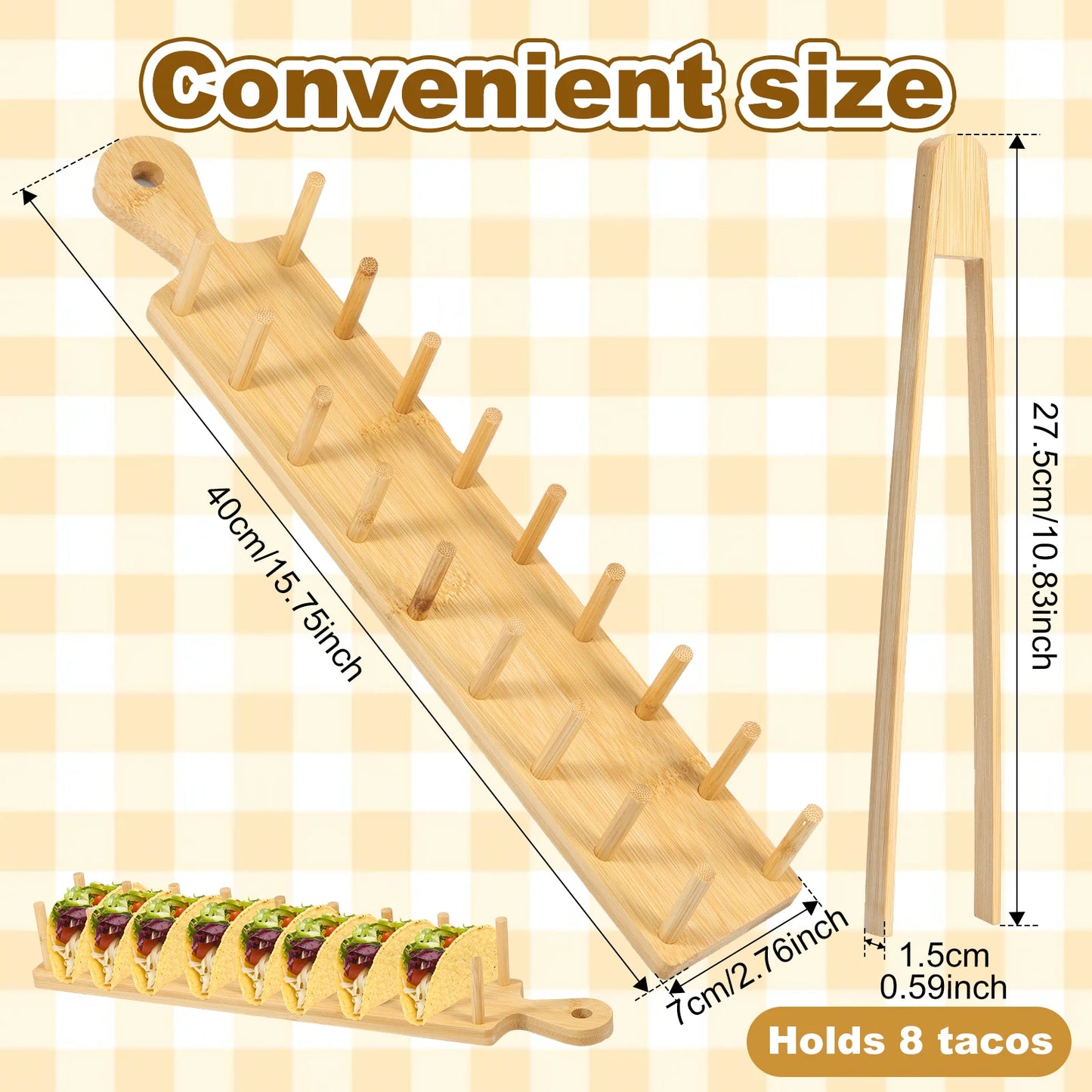 2pcs Bamboo Taco Tray with Tong Rectangular Taco Holder Holds 8 Soft or Hard Shell Tacos Large Taco Holder Stand Multipurpose