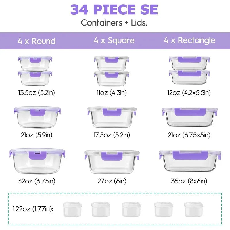 34pcs Glass Food Storage Containers with Lids Set, Airtight Glass Meal Prep Containers ,Leak Proof Lunch Containers BPA-Free