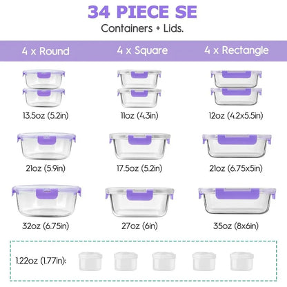 34pcs Glass Food Storage Containers with Lids Set, Airtight Glass Meal Prep Containers ,Leak Proof Lunch Containers BPA-Free