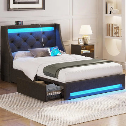 Twin Bed Frame with LED Lights and Charging Station, Upholstered Bed with Drawers, Wooden Slatsy