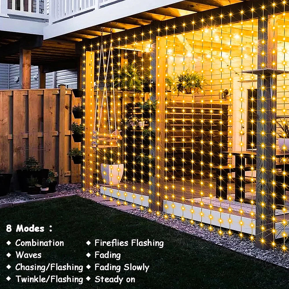 Solar Curtain String Lights 8 Lighting Modes 300Leds Outdoor Garden Yard