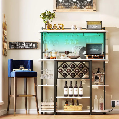 Wine Rack with LED Light, Bar Table Cabinet with Glass Holder, Freestanding Coffee Bar Storage Shelves, 5-Tier Liquor Cabinet