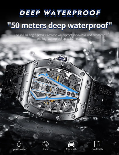 OUPINKE Men's Watches Top Brand Skeleton Tonneau Automatic Mechanical Original Watch for Man 50m Waterproof Luminous Sapphire