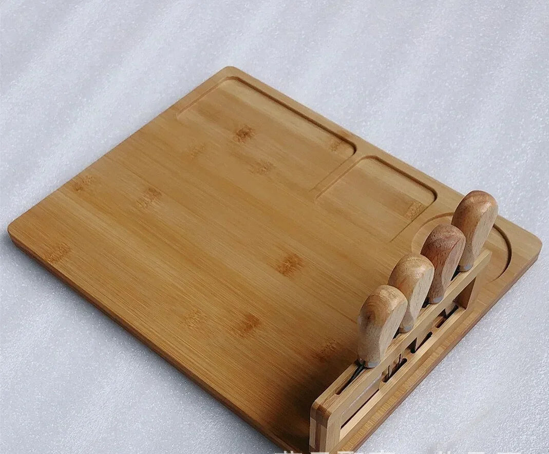 Bamboo Cheese Board with Cheese Knife, Fork, and Scoop