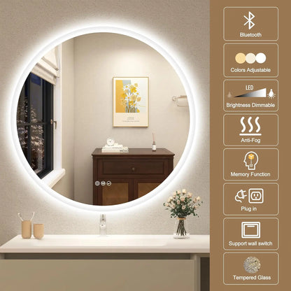 LED-Bathroom-Mirror Wall-Mounted with Bluetooth Speaker, 3 Color Waterproof