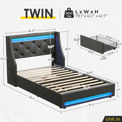 Twin Bed Frame with LED Lights and Charging Station, Upholstered Bed with Drawers, Wooden Slatsy