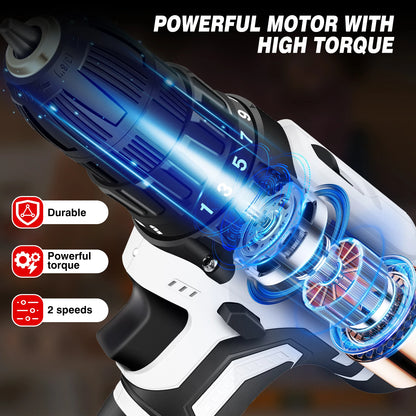 21V Portable Cordless Power Drill Set Impact Screw Driver with 1500mAh Li-Ion Rechargeable Battery 25+1 Torque Setting 45N.m