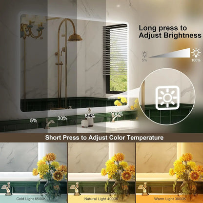 LED-Bathroom-Mirror Wall-Mounted with Bluetooth Speaker, 3 Color Waterproof