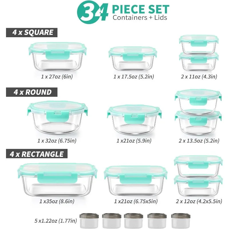 34pcs Glass Food Storage Containers with Lids Set, Airtight Glass Meal Prep Containers ,Leak Proof Lunch Containers BPA-Free