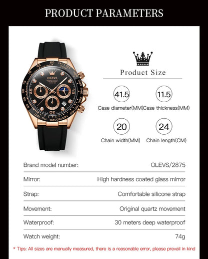 OLEVS New Luxury Men's Watches Quartz Watch Silicone Sport Date Chronograph Waterproof Luminous Multifunction Men's Quartz Watch