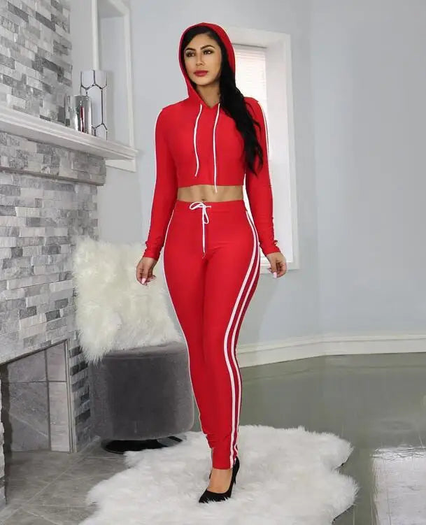 NEW Fitness Casual 2 Piece Set Tracksuit Women Side Striped Hoodies Cropped Tops and Pants Jogger Two Piece Outfits