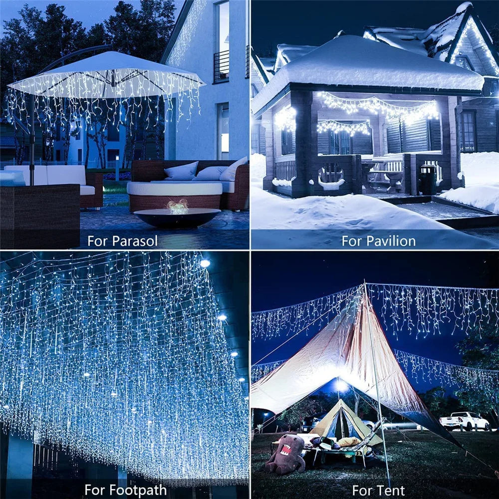 Solar Icicle Curtain Lights w. 8 Modes, Waterproof For Gardens & Party New Year