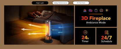 Smart Space Heater Max for Indoor Use, 80°Oscillation, Night Light, 1500W Fast Heating with Thermostat, 24H Timer