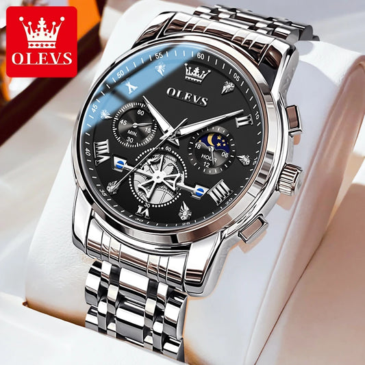 OLEVS 2856 New Men's Watches Luxury Classic Flywheel Design Waterproof Chronograph Moon Phase 24 Hour Quartz Wrist Watch for Men