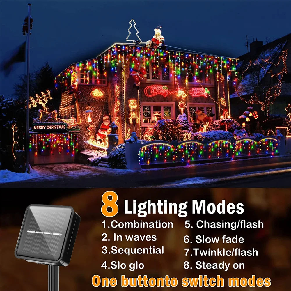 Solar Icicle Curtain Lights w. 8 Modes, Waterproof For Gardens & Party New Year