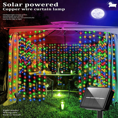 Solar Curtain String Lights 8 Lighting Modes 300Leds Outdoor Garden Yard