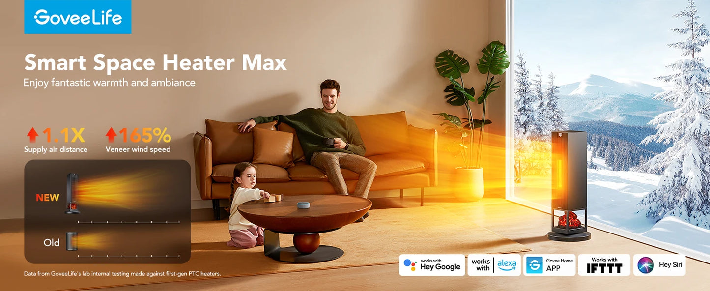 Smart Space Heater Max for Indoor Use, 80°Oscillation, Night Light, 1500W Fast Heating with Thermostat, 24H Timer