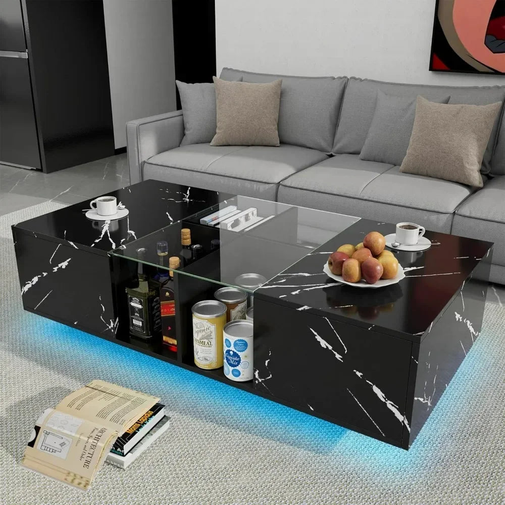 LED Rectangular Wood Coffee Table, Display Shelf & Large Sliding Drawers