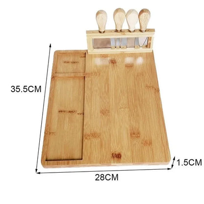 Bamboo Cheese Board with Cheese Knife, Fork, and Scoop