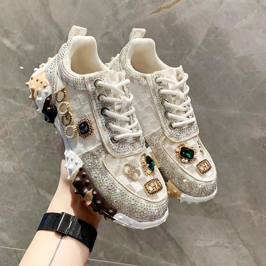 Autumn Women Casual Sneakers Luxury Designers Rhinestone Diamond Thick Bottoms Shoes Female Tennis Trainers Jogging Walking Shoe