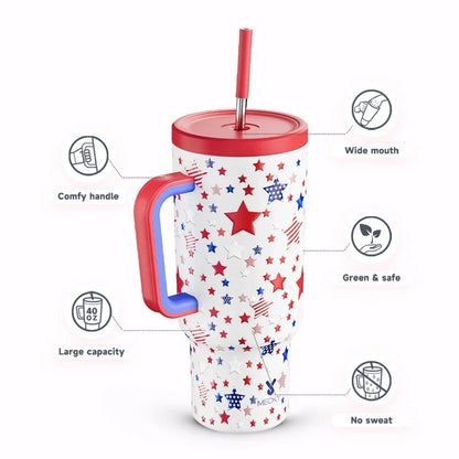 Meoky 40oz Tumbler Handle Straw Thermos Cup Multiple Prints Stainless Steel Bottle Vacuum Insulated Car Mug Best Christmas Gifts