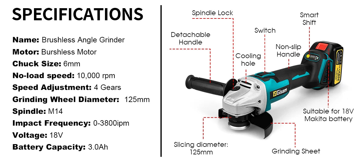 125mm M14 Brushless Electric Angle Grinder Grinding Polishing Tool Cutting Machine Woodworking Power Tool for Makita 18V Battery