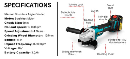 125mm M14 Brushless Electric Angle Grinder Grinding Polishing Tool Cutting Machine Woodworking Power Tool for Makita 18V Battery