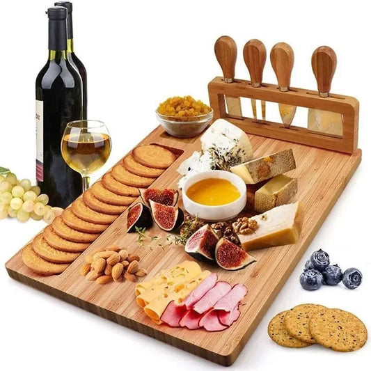 Bamboo Cheese Board with Cheese Knife, Fork, and Scoop