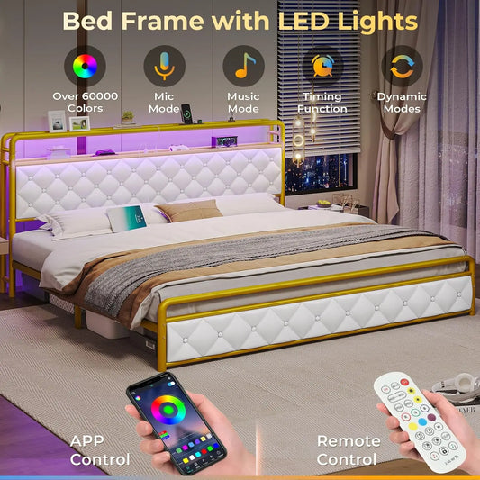 King Bed Frame with LED Lights,Platform Bed King Size with 2 Tier Headboard Storage