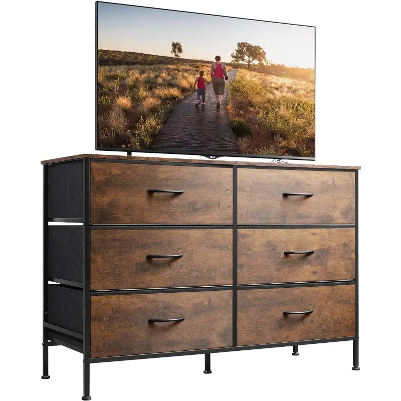 Wide Dresser with 6 Drawers, TV Stand for 50" TV, Entertainment Center with Metal Frame, Wooden Top, Fabric Storage Dresser for