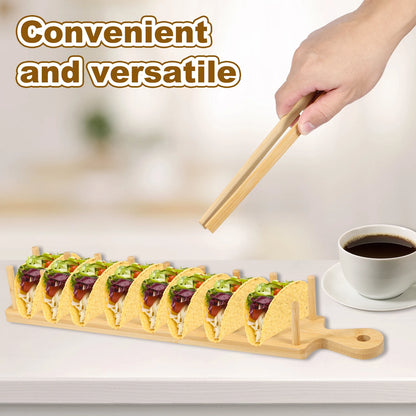 2pcs Bamboo Taco Tray with Tong Rectangular Taco Holder Holds 8 Soft or Hard Shell Tacos Large Taco Holder Stand Multipurpose