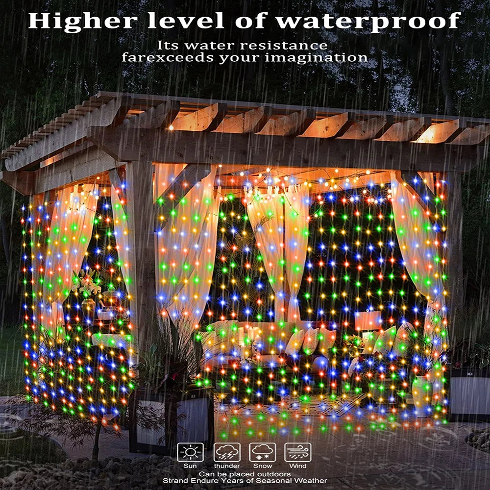 Solar Curtain String Lights 8 Lighting Modes 300Leds Outdoor Garden Yard